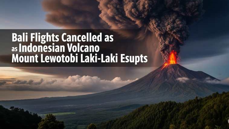 A towering plume of volcanic ash rising into the sky with an airport terminal visible in the foreground, indicating flight disruptions.