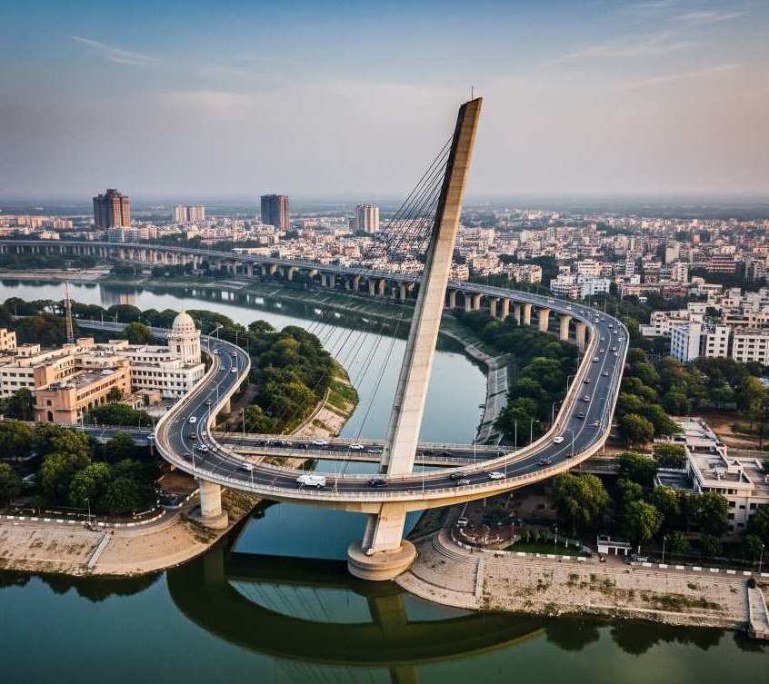 A visual representation of a bridge with a sharp 90-degree turn, overlaid with a graphic indicating "Redesign Proposed."