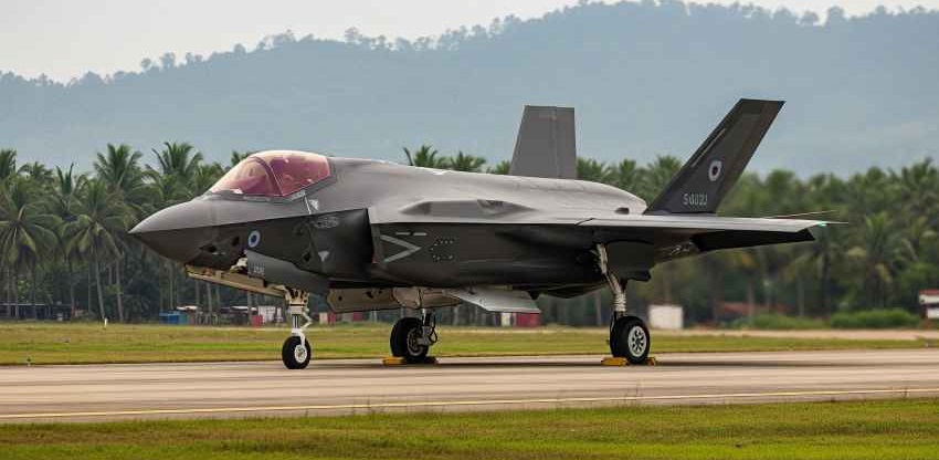 A British Royal Navy F-35B stealth fighter jet grounded at Thiruvananthapuram International Airport, surrounded by security personnel.