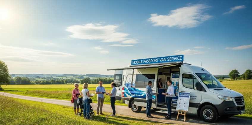 A specially designed mobile van with "Passport Seva" branding parked in a rural Indian village, with local citizens approaching for services.