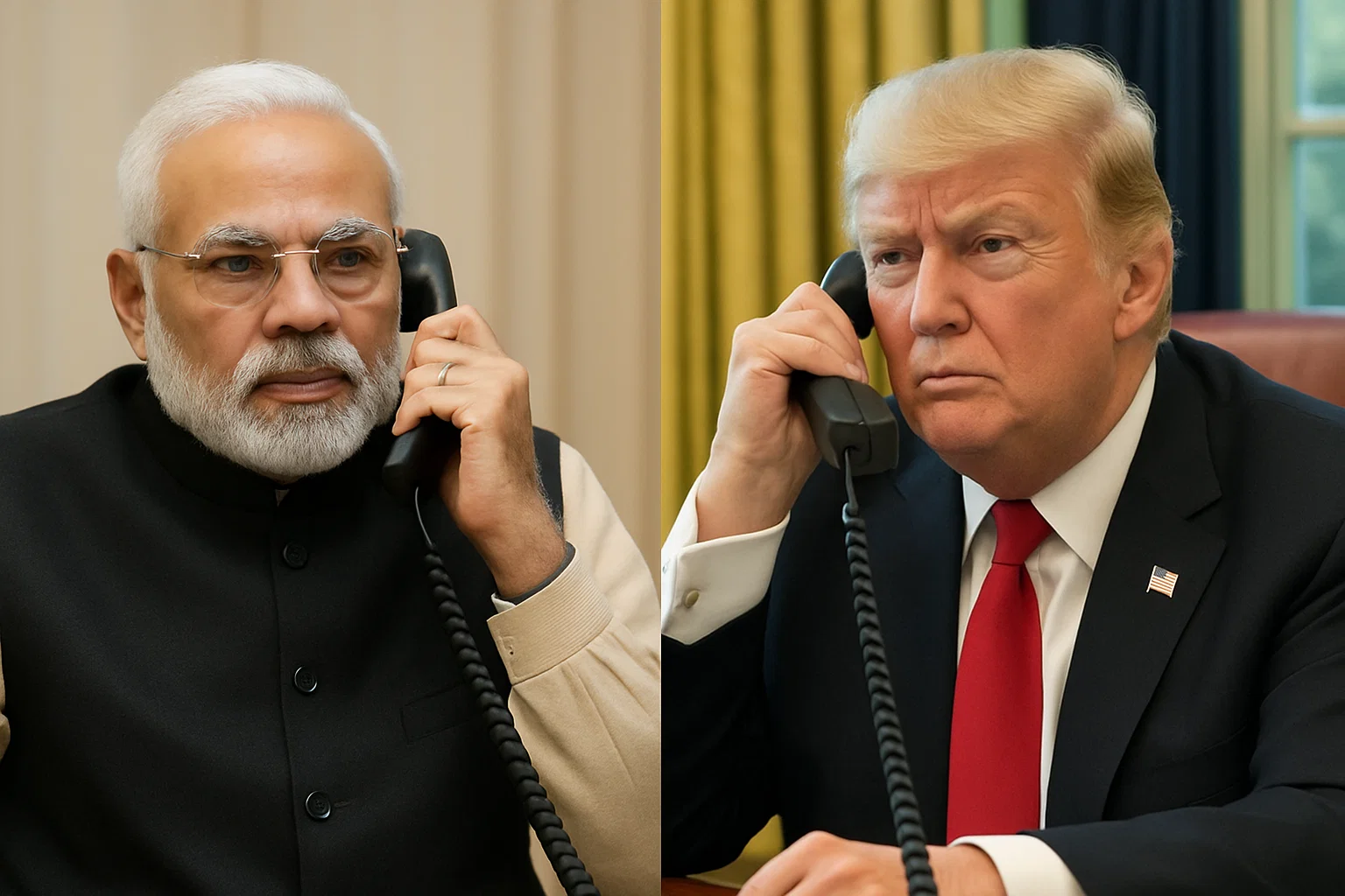 A stylized image depicting Indian Prime Minister Narendra Modi and President Donald Trump on a phone call, with speech bubbles indicating dialogue.