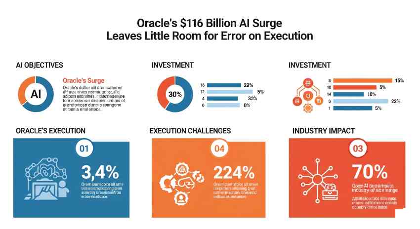A dynamic graphic showing Oracle's logo intertwined with AI circuits and an upward-trending stock chart, symbolizing its massive market surge and high AI expectations.