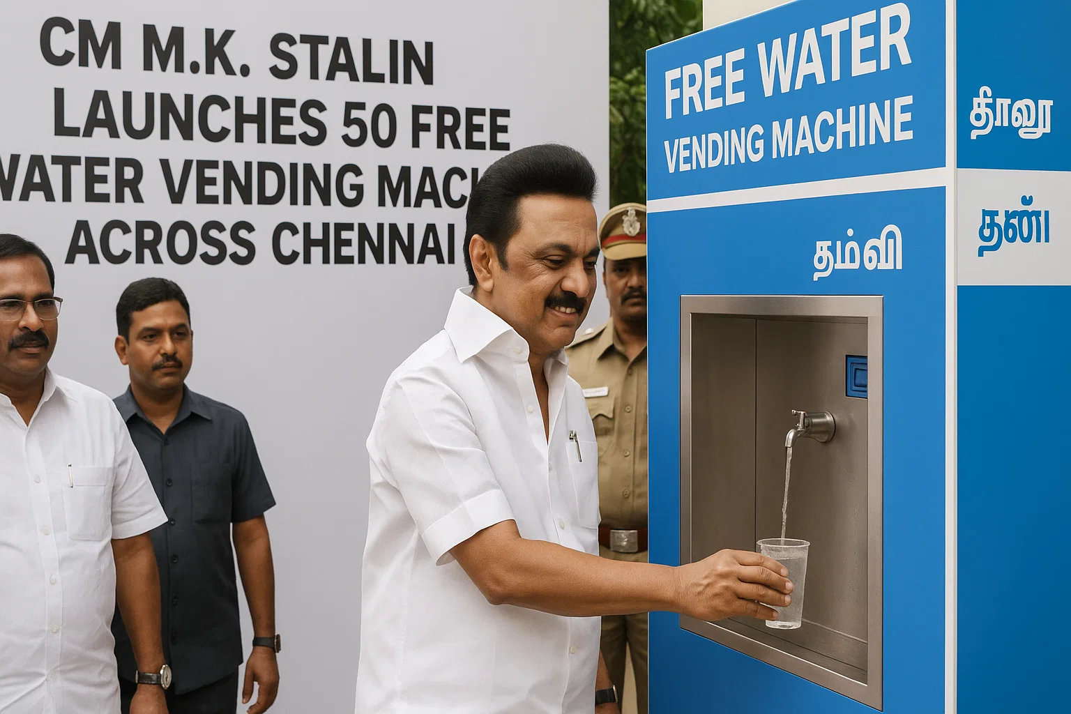 Tamil Nadu Chief Minister M.K. Stalin inaugurating a modern water vending machine, with people around him and the Chennai cityscape in the background.