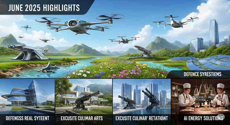 Collage of news highlights including EV bikes, forest conservation, fighter jet, luxury house, and AI