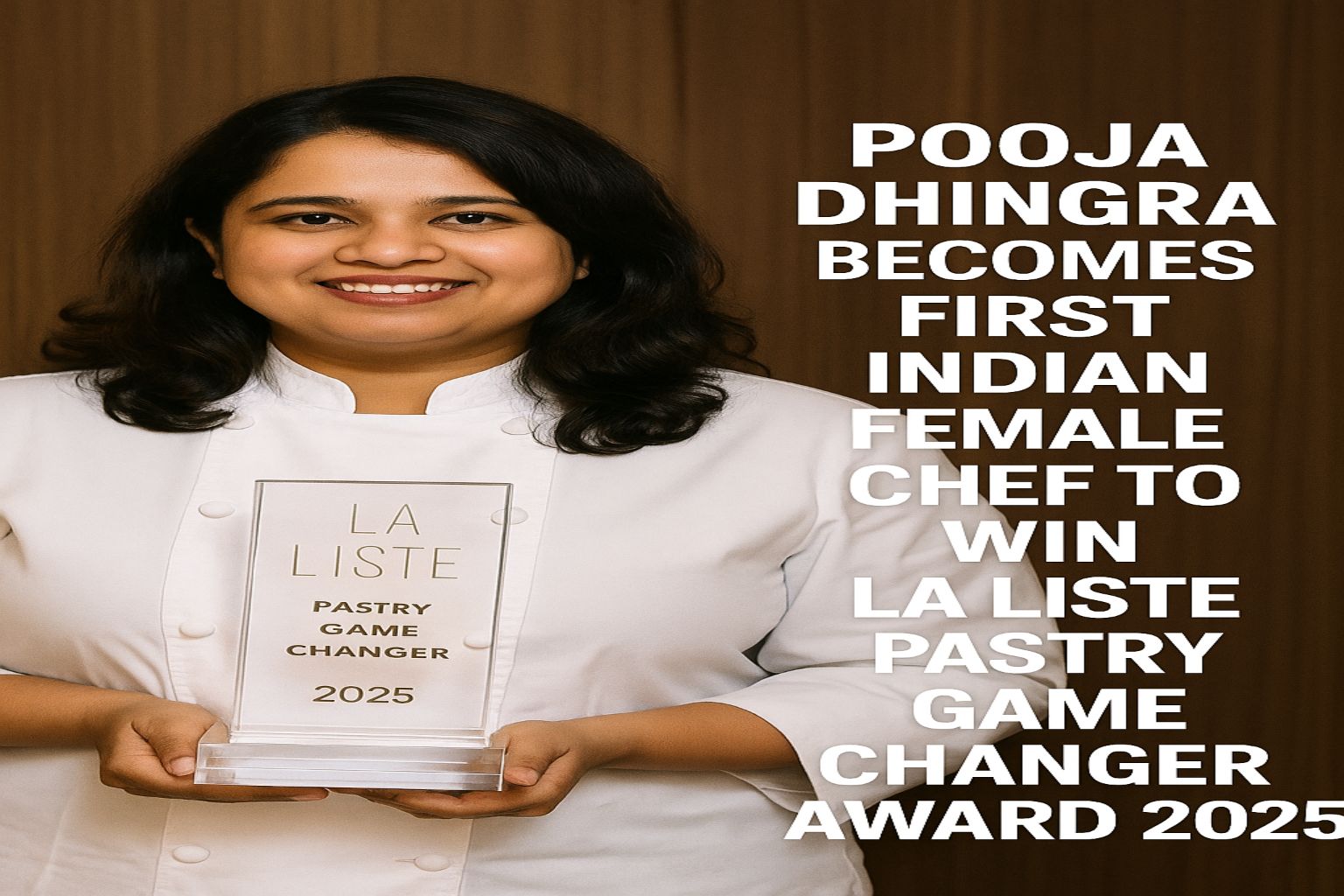 Pooja Dhingra holding the La Liste Pastry Game Changer Award trophy