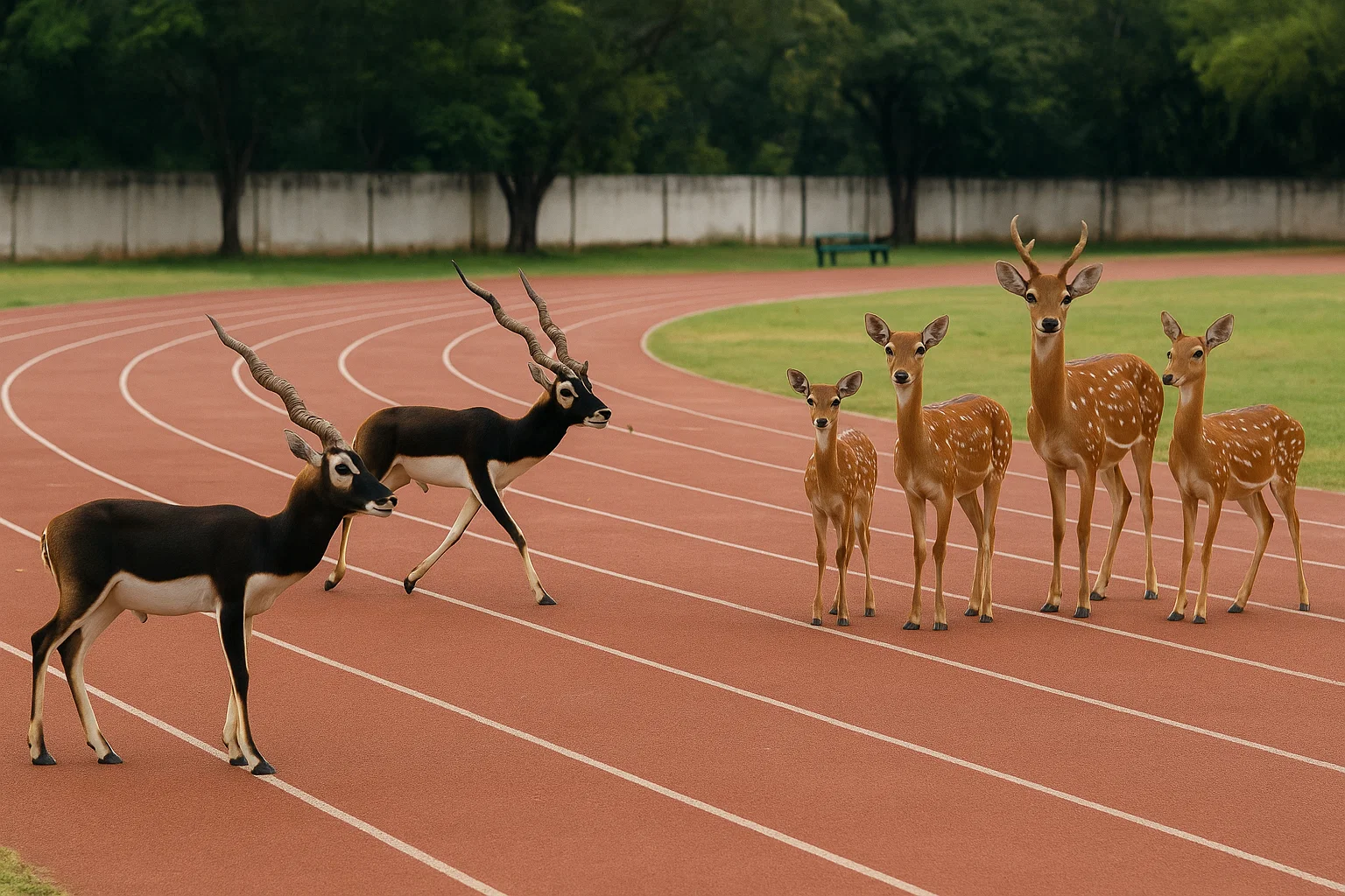 A herd of blackbucks and spotted deer running along the synthetic track of the Manohar C. Watsa Stadium at IIT Madras.