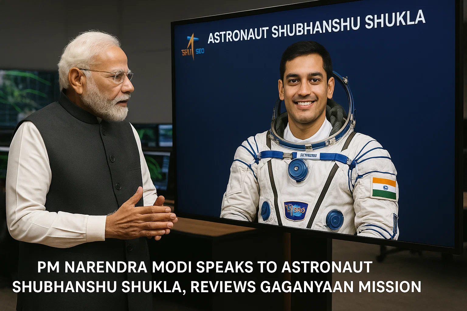 A split image showing Prime Minister Narendra Modi on one side and astronaut Shubhanshu Shukla in training gear on the other, connected by a video call screen.