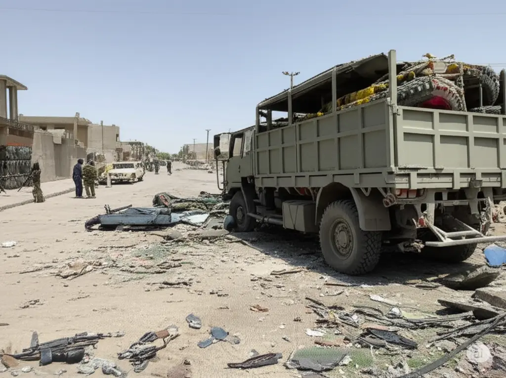 A visual representation of a damaged military vehicle and emergency response, indicating the aftermath of an attack.