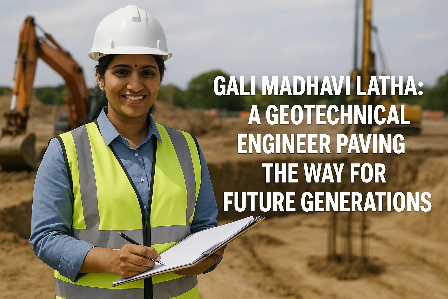 A portrait of Gali Madhavi Latha, a geotechnical engineer, with engineering diagrams in the background