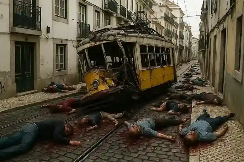 Emergency crews near a derailed funicular train in Lisbon.
